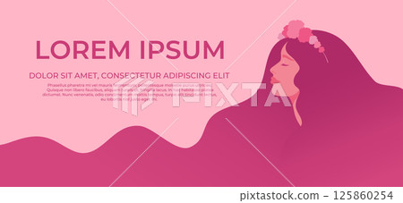 Banner with beautiful long haired woman in flower wreath. Woman with long flowing hair. Vector illustration 125860254