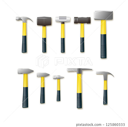 Hammer and sledgehammers with rubber and wooden handles. carpenter industry concept. Vector 125860333