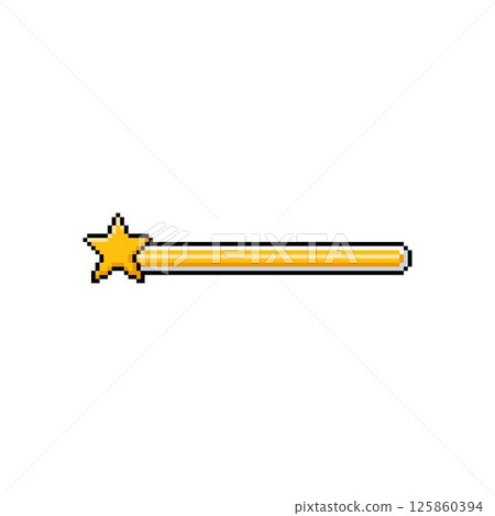 Full yellow line progress bar game menu with star pixel art, vector retro 8 bit achievement level scale, rating score 125860394