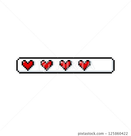 Red heart feedback, progress bar with four out of five pixel vector icon, retro level rating ui ux game menu interface 125860422