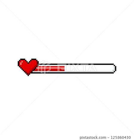 Red heart and line progress bar pixel art, vector retro 8 bit game menu, low score of life, energy, health level scale Red heart and line progress bar pixel art, vector retro 8 bit game menu, low score of life, energy, health level scale 125860430