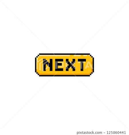 UI UX game user software interface pixel vector icon, retro forward sign navigation, yellow button block with NEXT text UI UX game user software interface pixel vector icon, retro forward sign navigation, yellow button block with NEXT text 125860441