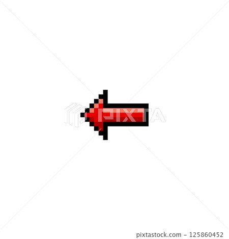 Red arrow black outline, vector pixeled left side direction pointer, retro back button, previous cursor UIUX interface 125860452