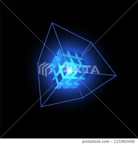Energy cube blocks vector design, shiny blue neon cubic from square grid and lines, digital cyber matrix box, network 125860480