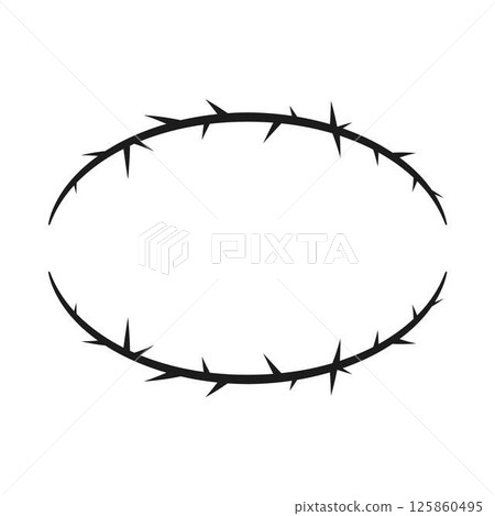 Barbwire, thorny wavy black two lines oval frame, vector barb curly stripes, thorn plant stem with spikes, gothic wreath 125860495