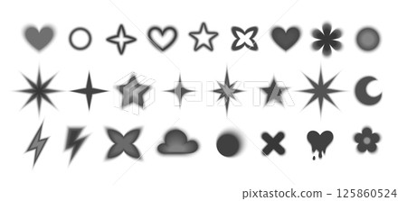 Y2k. Vector set of trendy retro icons: gradient black blurred hearts, stars, flowers, lightning. Y2k. Vector set of trendy retro icons: gradient black blurred hearts, stars, flowers, lightning. 125860524