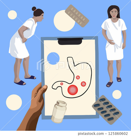 Vector isolated illustration of diagnosing stomach pain.Gas in the stomach. Stomach diseases. Ulcer. Vector isolated illustration of diagnosing stomach pain.Gas in the stomach. Stomach diseases. Ulcer. 125860602