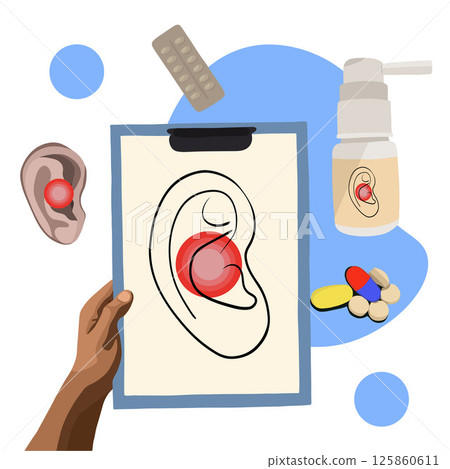 Vector isolated illustration of diagnosing ear pain.Ear diseases. Diagnosis of the disease. Otitis. Otolaryngologist. 125860611