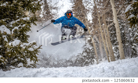 Snowboarding extreme sport. Man active sport lover snowboarder in motion over snowy mountains background. Tourism and travel. 125860632
