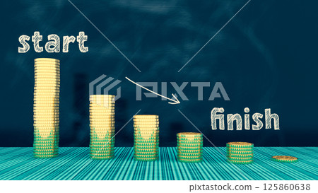 Money reduction concept image. Stacks of coins in a decrease financial concept. 3d rendering 125860638