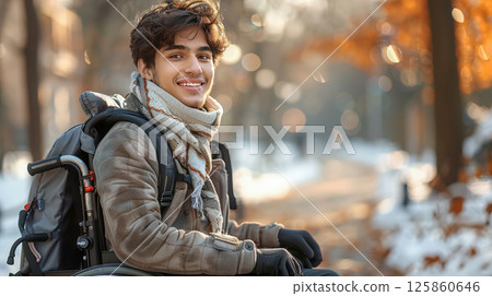 man in a wheelchair listening to music through headphones outdoors at sunset man in a wheelchair listening to music through headphones outdoors at sunset 125860646