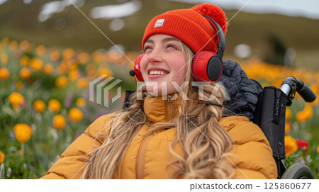 man in a wheelchair listening to music through headphones outdoors at sunset 125860677