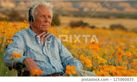 man in a wheelchair listening to music through headphones outdoors at sunset 125860835