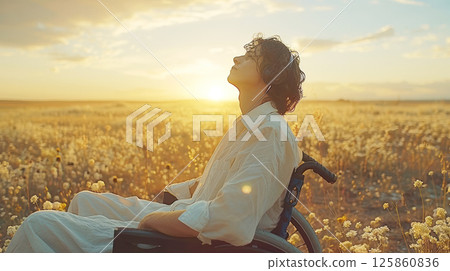 man in a wheelchair listening to music through headphones outdoors at sunset 125860836