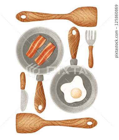 Rustic Kitchen Tools with Frying Pan and Egg texture Illustration 125860869