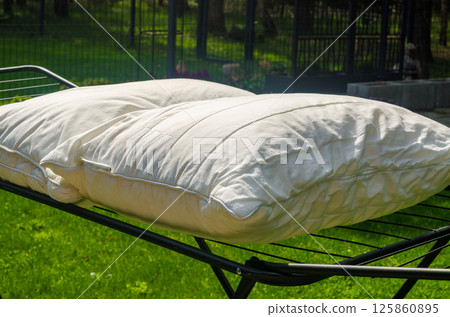 White pillows drying on outdoor rack in sunlight over green grass on summer day. High quality photo White pillows drying on outdoor rack in sunlight over green grass on summer day. High quality photo 125860895