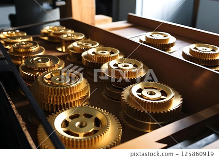 Brass gear parts arranged in a wooden box 125860919
