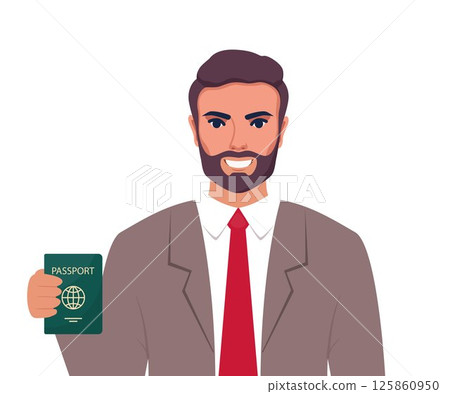 Happy man holding passport. Citizenship and visa concept. Happy male citizen receive personal identification document. Official permanent residence and citizenship. Vector illustration. 125860950