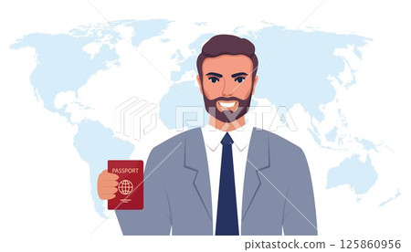 Happy man holding passport. Citizenship and visa concept. Happy male citizen receive personal identification document. Official permanent residence and citizenship. World map. Vector illustration. 125860956