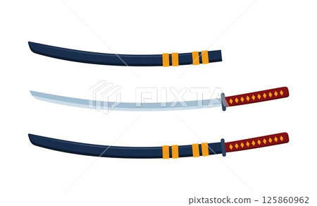 Samurai sword katana with scabbard isolated on white background. Traditional samurai warrior weapon. Vector illustration. Samurai sword katana with scabbard isolated on white background. Traditional samurai warrior weapon. Vector illustration. 125860962