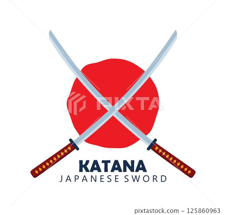 Two Japanese katana swords with crossed blades and red circle om background. Traditional samurai warrior weapon. Logo, infographic, banner, poster, web design. Vector illustration. Two Japanese katana swords with crossed blades and red circle om background. Traditional samurai warrior weapon. Logo, infographic, banner, poster, web design. Vector illustration. 125860963