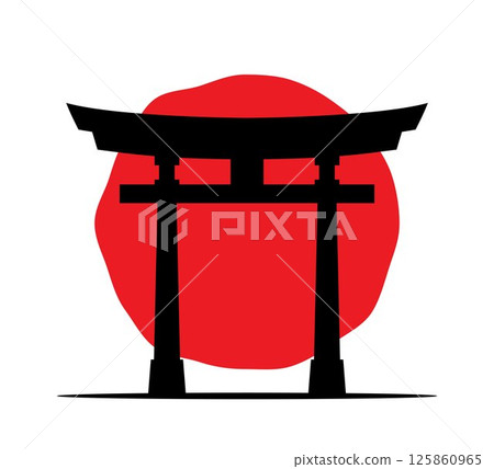 Japan torii gate logo. Stylized icon with temple gate and sun, japan or Asian logo concept. Religious symbol of Shintoism. Vector illustration. Japan torii gate logo. Stylized icon with temple gate and sun, japan or Asian logo concept. Religious symbol of Shintoism. Vector illustration. 125860965