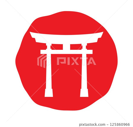 Japan torii gate logo. Stylized icon with temple gate and sun, japan or Asian logo concept. Religious symbol of Shintoism. Vector illustration. 125860966