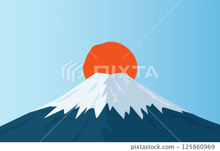 Japanese mount Fuji at sunrise or sunset, simple logo. Japanese culture symbol. Vector illustration. 125860969