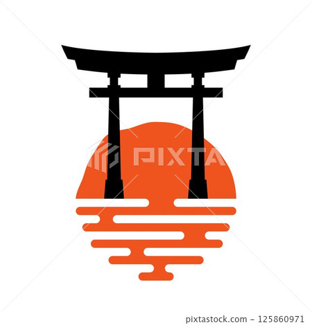 Japan torii gate logo. Stylized icon with temple gate and sun, japan or Asian logo concept. Religious symbol of Shintoism. Vector illustration. 125860971