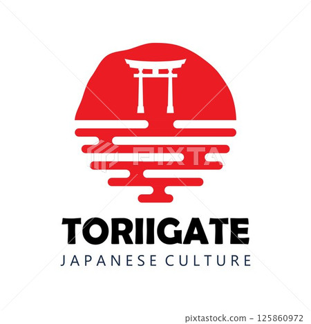 Japan torii gate logo. Stylized icon with temple gate and sun, japan or Asian logo concept. Religious symbol of Shintoism. Vector illustration. Japan torii gate logo. Stylized icon with temple gate and sun, japan or Asian logo concept. Religious symbol of Shintoism. Vector illustration. 125860972