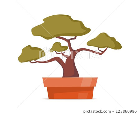 Beautiful bonsai tree. Bonsai tree with deep green leaves on the low round pot. Traditional Asian miniature garden. Japan leaf plants, traditional oriental art. Decorative tree. Vector illustration. Beautiful bonsai tree. Bonsai tree with deep green leaves on the low round pot. Traditional Asian miniature garden. Japan leaf plants, traditional oriental art. Decorative tree. Vector illustration. 125860980