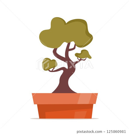 Beautiful bonsai tree. Bonsai tree with deep green leaves on the low round pot. Traditional Asian miniature garden. Japan leaf plants, traditional oriental art. Decorative tree. Vector illustration. Beautiful bonsai tree. Bonsai tree with deep green leaves on the low round pot. Traditional Asian miniature garden. Japan leaf plants, traditional oriental art. Decorative tree. Vector illustration. 125860981