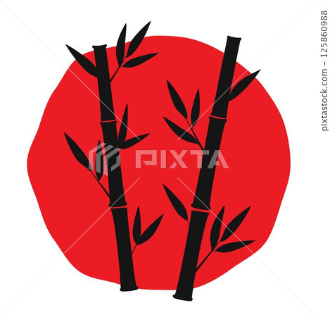 Bamboo logo, label or emblem with bamboo plant silhouette on red circle. Asian culture concept. Japan icon. Vector illustration. 125860988