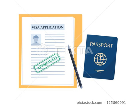 Visa application document. Visa application form, passport. World travel, tourism, holidays concept. Vector illustration. 125860991
