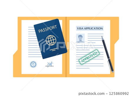 Visa application document. Visa application form, passport. World travel, tourism, holidays concept. Vector illustration. 125860992