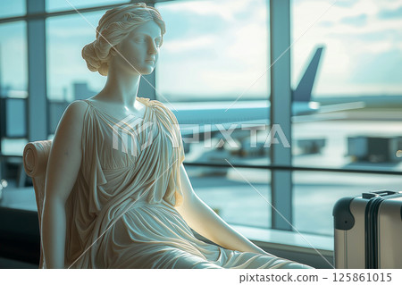 Classic Greek marble statue resting and waiting beside travel suitcase in modern airport. Flight delayed, cancelled or overbooked. Contrast between classical art and modern travel in a vibrant setting Classic Greek marble statue resting and waiting beside travel suitcase in modern airport. Flight delayed, cancelled or overbooked. Contrast between classical art and modern travel in a vibrant setting 125861015