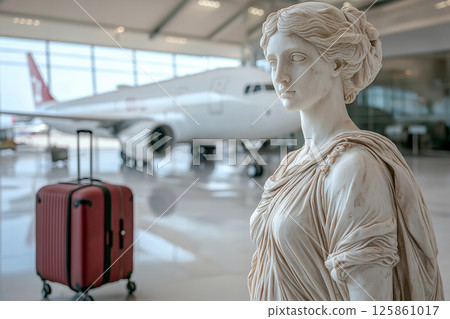Classic Greek marble statue resting and waiting beside travel suitcase in modern airport. Flight delayed, cancelled or overbooked. Contrast between classical art and modern travel in a vibrant setting 125861017