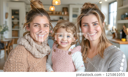 lesbian homosexual couple with their daughter baby at home. 125861055
