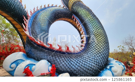 Vibrant Dragon Sculpture with Colorful Detail in Open Landscape 125861165