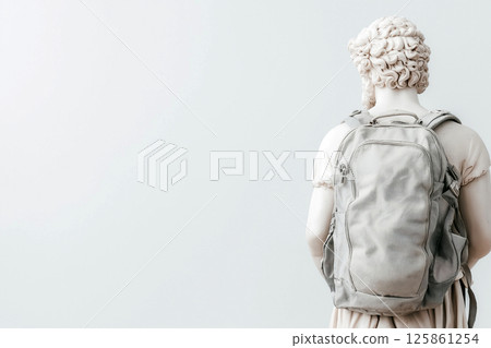 Classical Greek statue with modern hiking backpack. Travel, vacation, hiking, sport, exploration, wanderlust. Tourist with bag, travel more concept. Greece tourism, visit Greece. 125861254