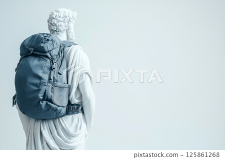 Classical Greek statue with modern hiking backpack. Travel, vacation, hiking, sport, exploration, wanderlust. Tourist with bag, travel more concept. Greece tourism, visit Greece. Classical Greek statue with modern hiking backpack. Travel, vacation, hiking, sport, exploration, wanderlust. Tourist with bag, travel more concept. Greece tourism, visit Greece. 125861268