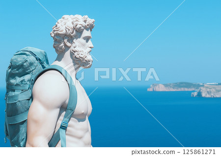 Classical Greek statue with modern hiking backpack. Travel, vacation, hiking, sport, exploration, wanderlust. Tourist with bag, travel more concept. Greece tourism, visit Greece. 125861271