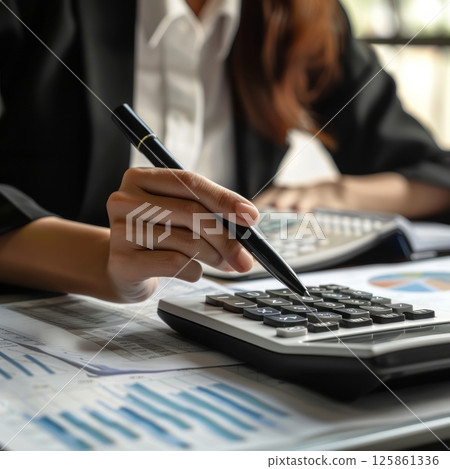 A businesswoman analyzes financial data, using a calculator and pen, reviewing charts and graphs for business decisions 125861336