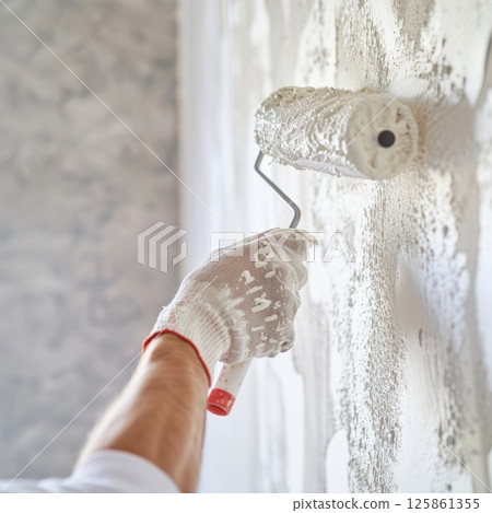 A hand in a protective glove applies white plaster to a wall using a roller, during a home renovation 125861355