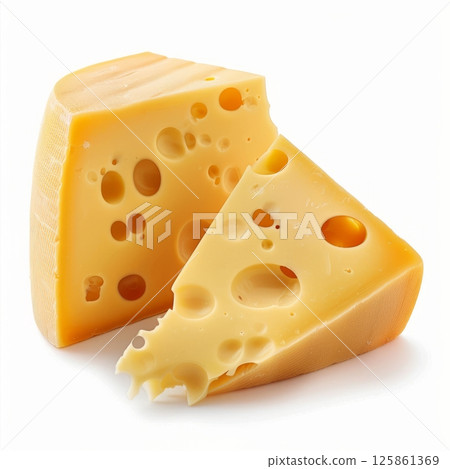Two pieces of delicious Swiss cheese with visible holes, isolated on a white background 125861369