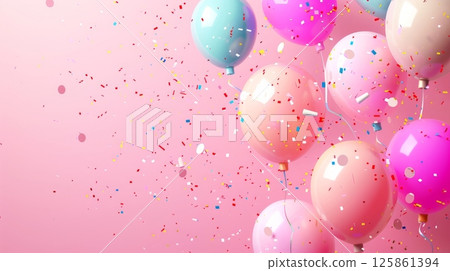 Pink, pastel balloons float amidst colorful confetti on a pink background, creating a festive celebratory scene Pink, pastel balloons float amidst colorful confetti on a pink background, creating a festive celebratory scene 125861394