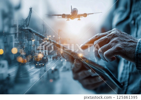 A logistical operation. The hand working with the tablet. In the background, through the translucency, you can see the airport with the plane taking off, as well as the port terminal with cranes 125861395