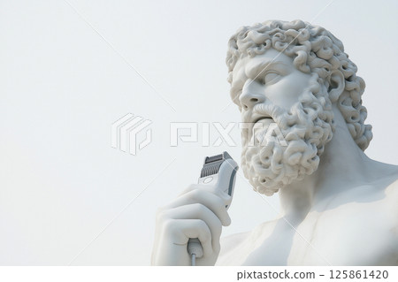 A classical marble sculpture of a bearded man holding an electric razor, ancient art and modern technology. Barbershop, haircut, hairstylist, beard haircut. 125861420