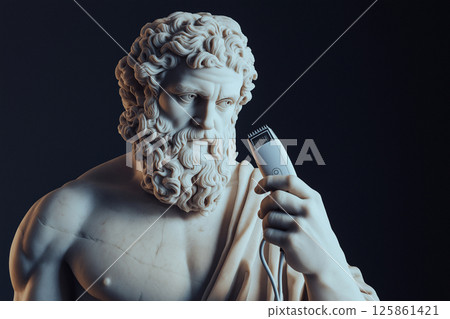 A classical marble sculpture of a bearded man holding an electric razor, ancient art and modern technology. Barbershop, haircut, hairstylist, beard haircut. A classical marble sculpture of a bearded man holding an electric razor, ancient art and modern technology. Barbershop, haircut, hairstylist, beard haircut. 125861421