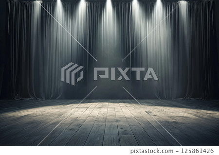 A clean and minimalist stage setup with dramatic overhead lighting against a dark backdrop, creating a moody and professional atmosphere. 125861426